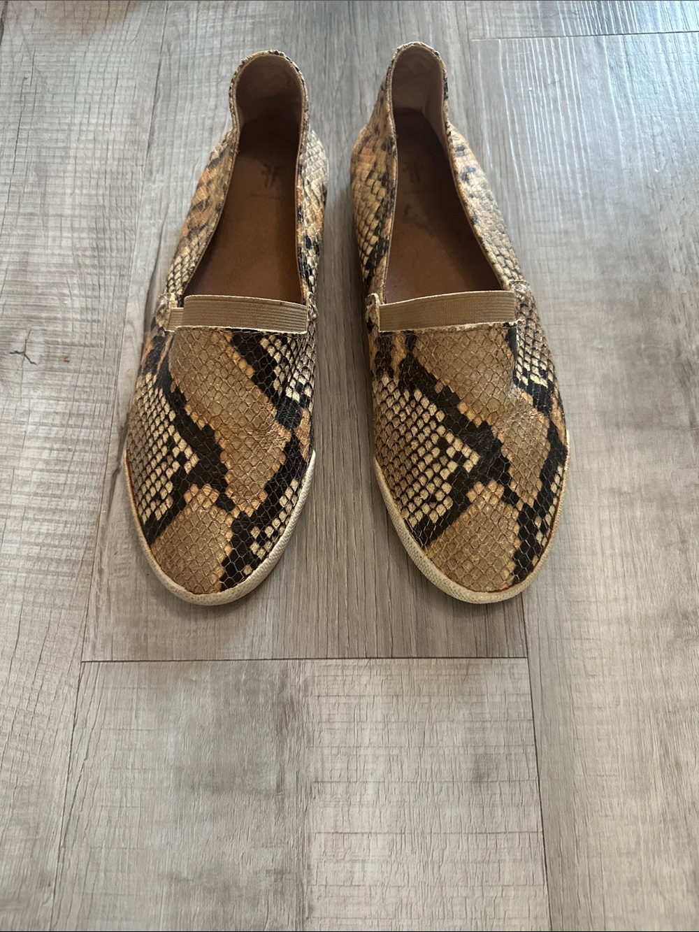 Frye Melissa Women’s Snake-Print Slip-On Sneakers in Tan and Black